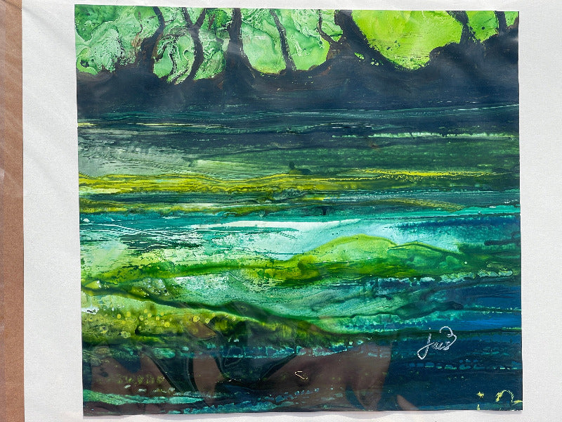 An abstract landscape painting featuring lush greens, deep blues, and bursts of yellow, with a signature at the bottom right.