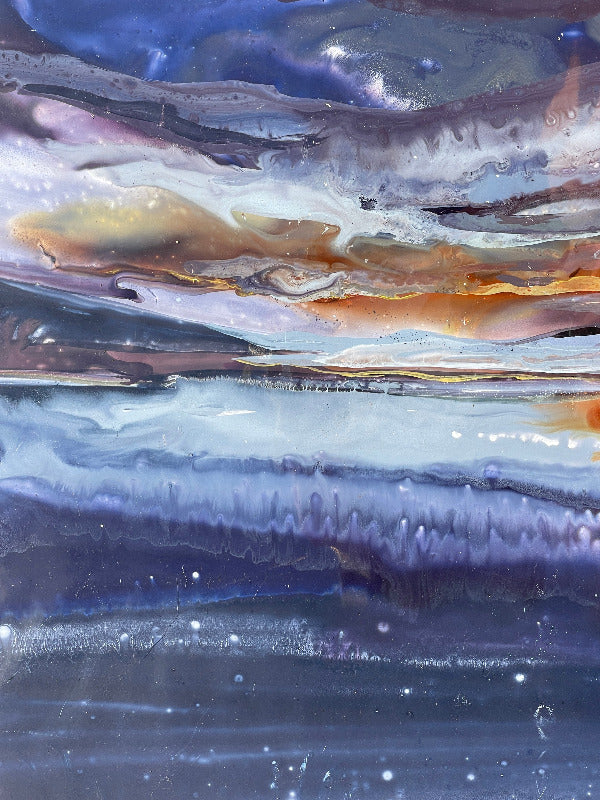 An abstract seascape painting featuring moody hues of indigo, copper, and pearl, with elements that evoke a celestial or otherworldly atmosphere.