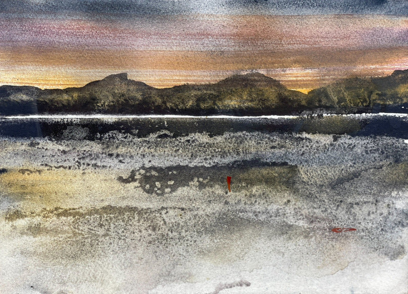A moody and atmospheric original watercolor painting titled 'Last light' depicting a serene coastal scene with mountains in the background, a blush of sunset colors on the sky, and a textured foreground.