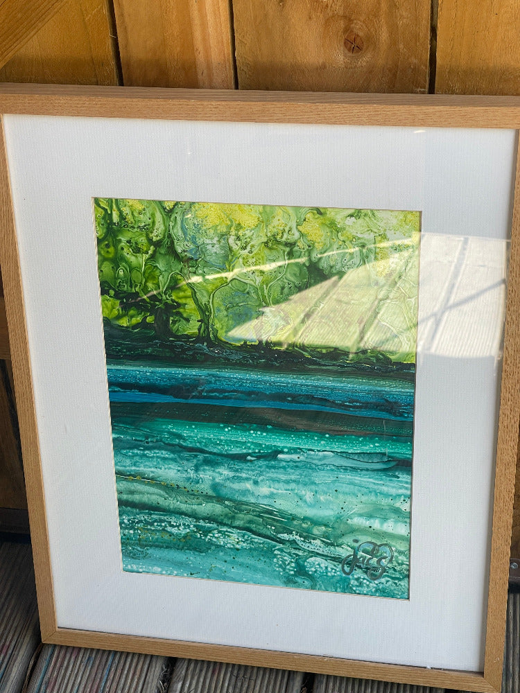 jacs waggett vitality greens and turquoise river dart in wooden frame