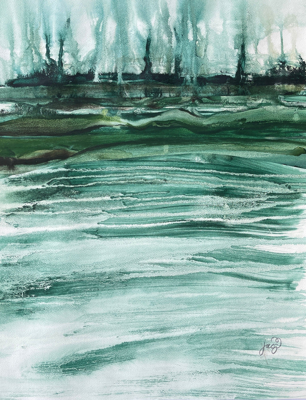 Jacs Waggett - abstract river watercolour - emerald estuary - Jacs Waggett