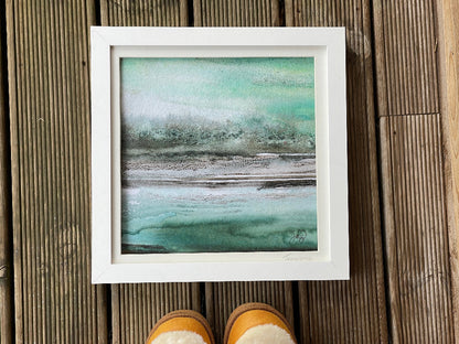 abstract art watercolour in earthy green hues on the river dart water flowing