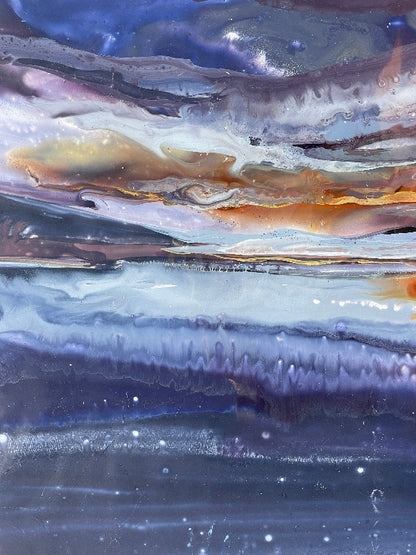 An abstract seascape painting featuring moody hues of indigo, copper, and pearl, with elements that evoke a celestial or otherworldly atmosphere.