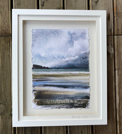 abstract watercolour beach devon with wooden box frame