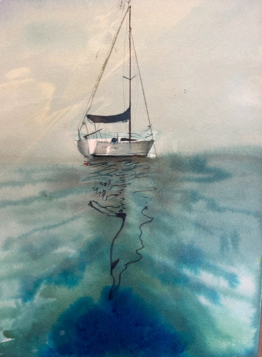 sailing boat watercolour reflecting on water