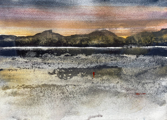 A moody and atmospheric original watercolor painting titled 'Last light' depicting a serene coastal scene with mountains in the background, a blush of sunset colors on the sky, and a textured foreground.