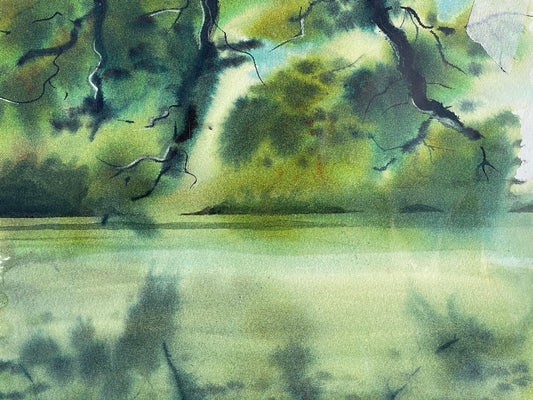 A watercolor painting depicting a serene forest scene with light filtering through trees to a calm water body below.