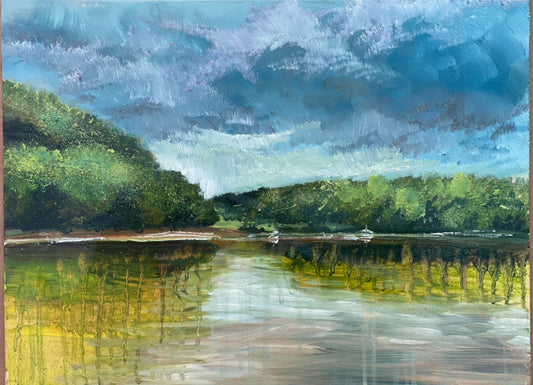 A tranquil landscape painting featuring boats anchored on a river with lush trees and a dramatic sky in the background.