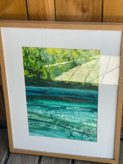 jacs waggett vitality greens and turquoise river dart in wooden frame