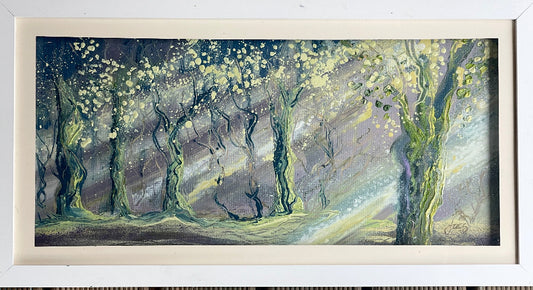 Framed artwork of a stylized forest scene with trees and a path.